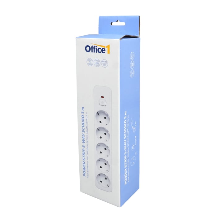 Разклонител Office 1, шуко, 5 гнезда, 3 m кабел, с ключ, бял