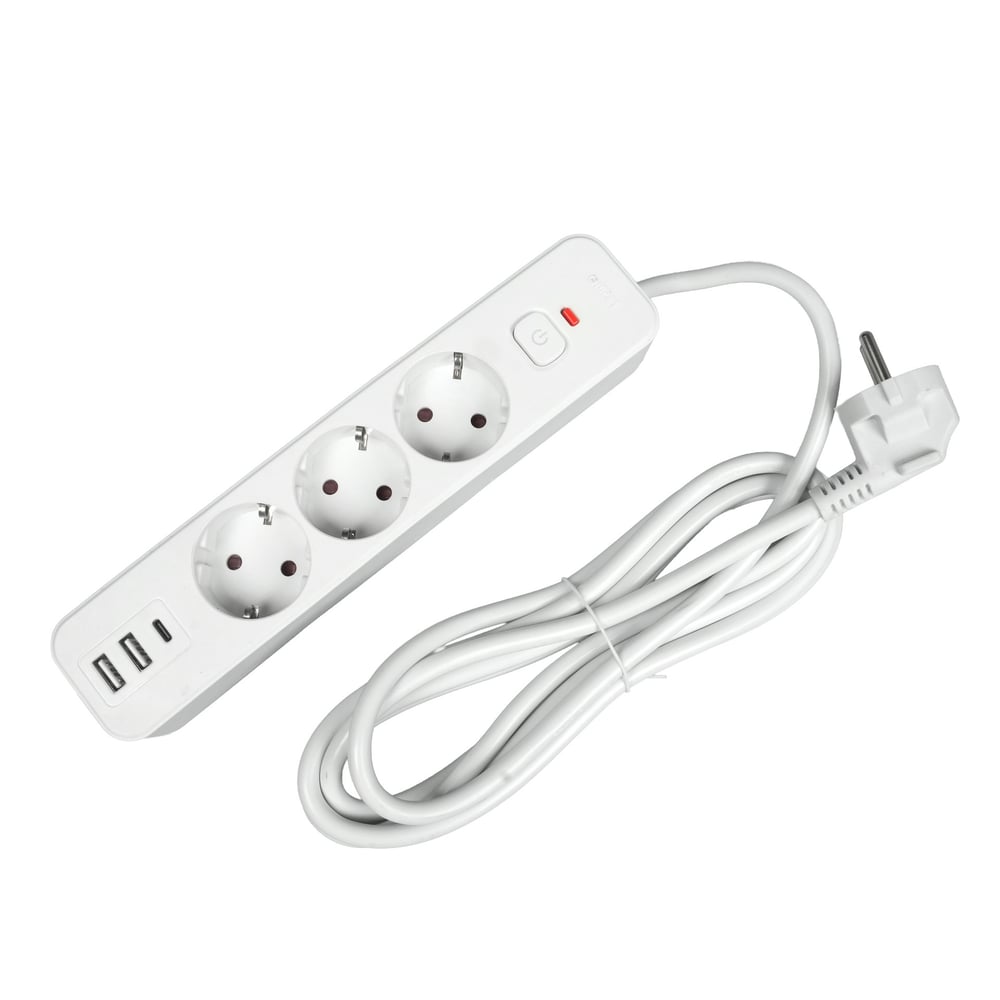 Разклонител Office 1, шуко, 3 гнезда, 3 m кабел, 2 USB Type-A, 1 USB Type-C, с ключ, бял
