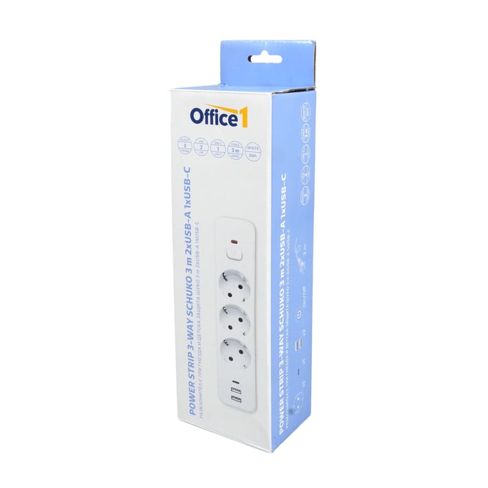 Разклонител Office 1, шуко, 3 гнезда, 3 m кабел, 2 USB Type-A, 1 USB Type-C, с ключ, бял