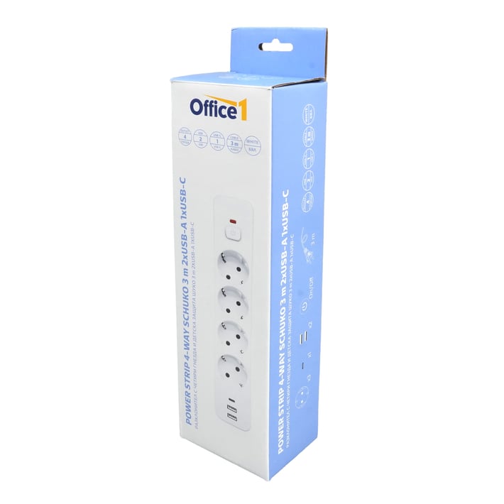 Разклонител Office 1, шуко, 4 гнезда, 3 m кабел, 2 USB Type-A, 1 USB Type-C, с ключ, бял