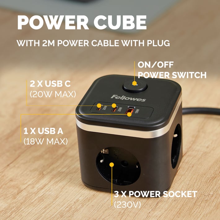 Разклонител Fellowes Ampra Power Cube, шуко, 3 гнезда, 1 USB Type-A, 2 USB Type-C, черен