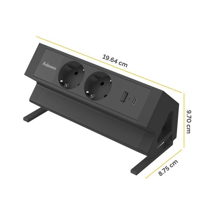Разклонител Fellowes Ampra Power Desk, шуко, 2 гнезда, 1 USB Type-A, 1 USB Type-C, черен