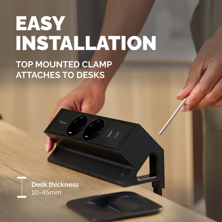 Разклонител Fellowes Ampra Power Desk, шуко, 2 гнезда, 1 USB Type-A, 1 USB Type-C, черен