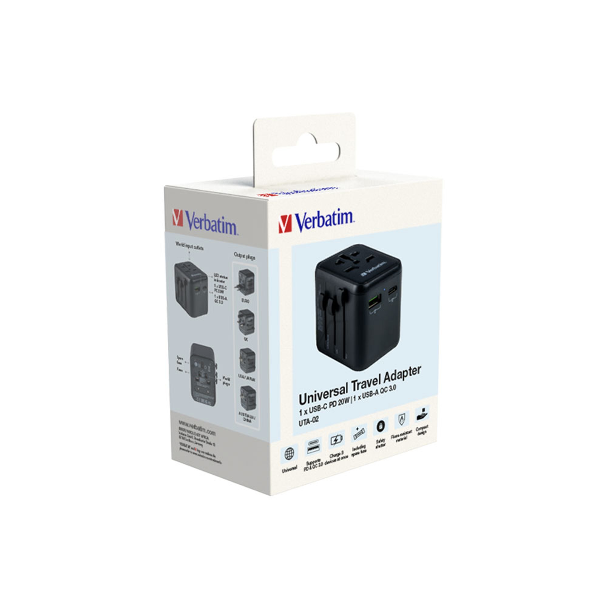 Verbatim Адаптер Universal Travel, UTA-02, PD20W, QC, USB Type-A, USB Type-C