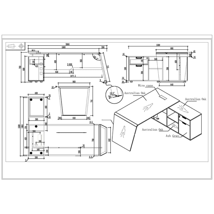 RFG Работно бюро Elmaz, с шкаф, 2000 х 1500 х 760 mm, дъб и сиво