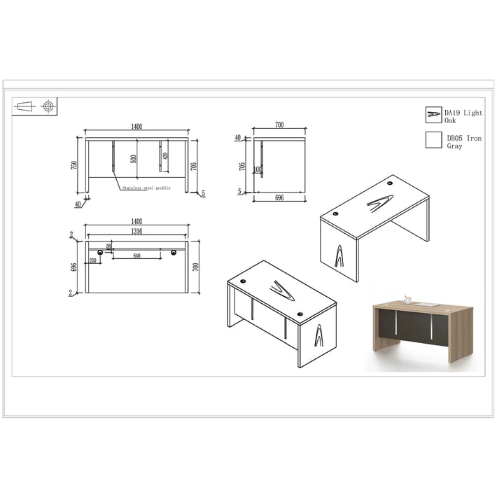 RFG Работно бюро Milano, 1400 х 700 х 750 mm, светъл дъб и сиво