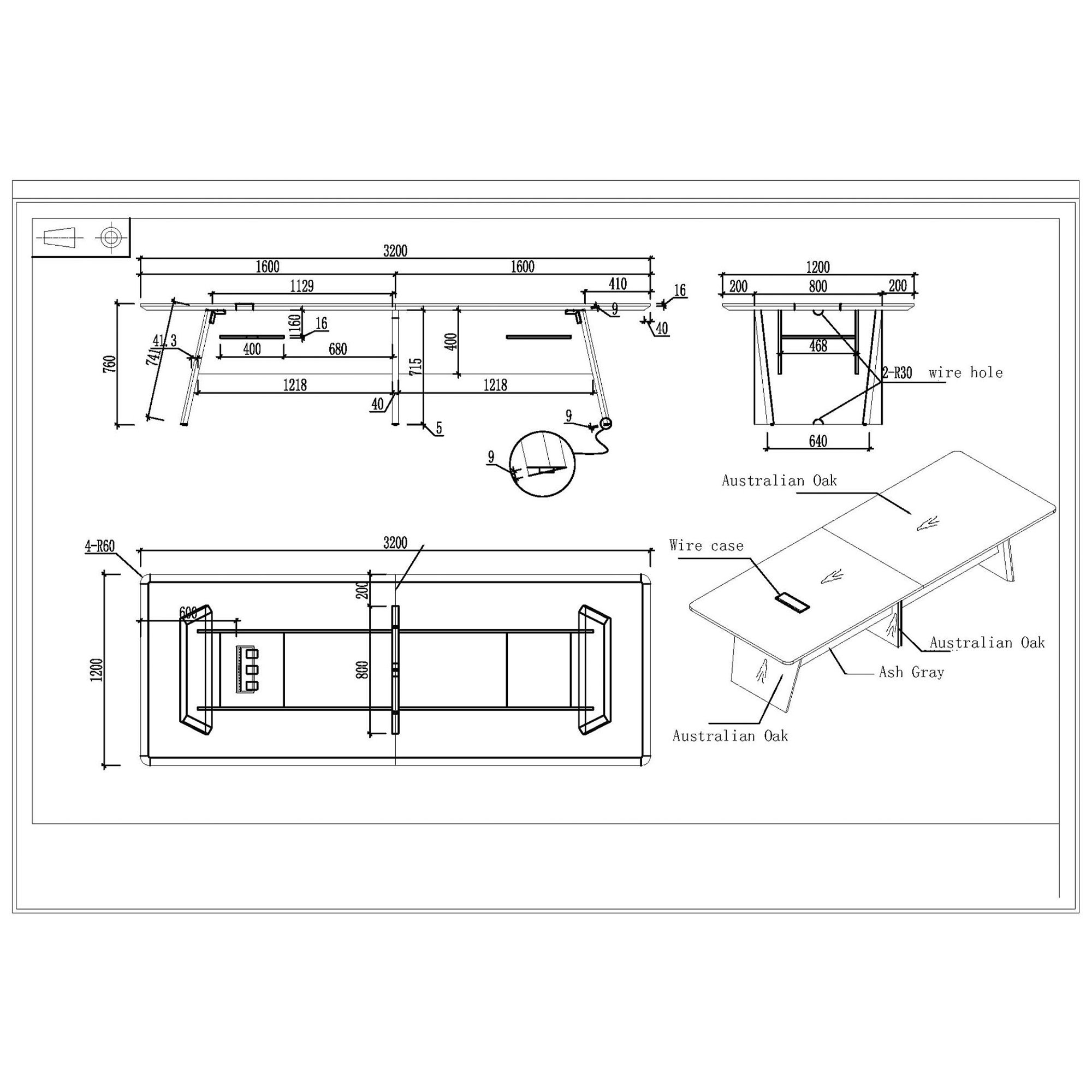 RFG Заседателна маса Elmaz, 3200 х 1200 х 760 mm, дъб и сиво