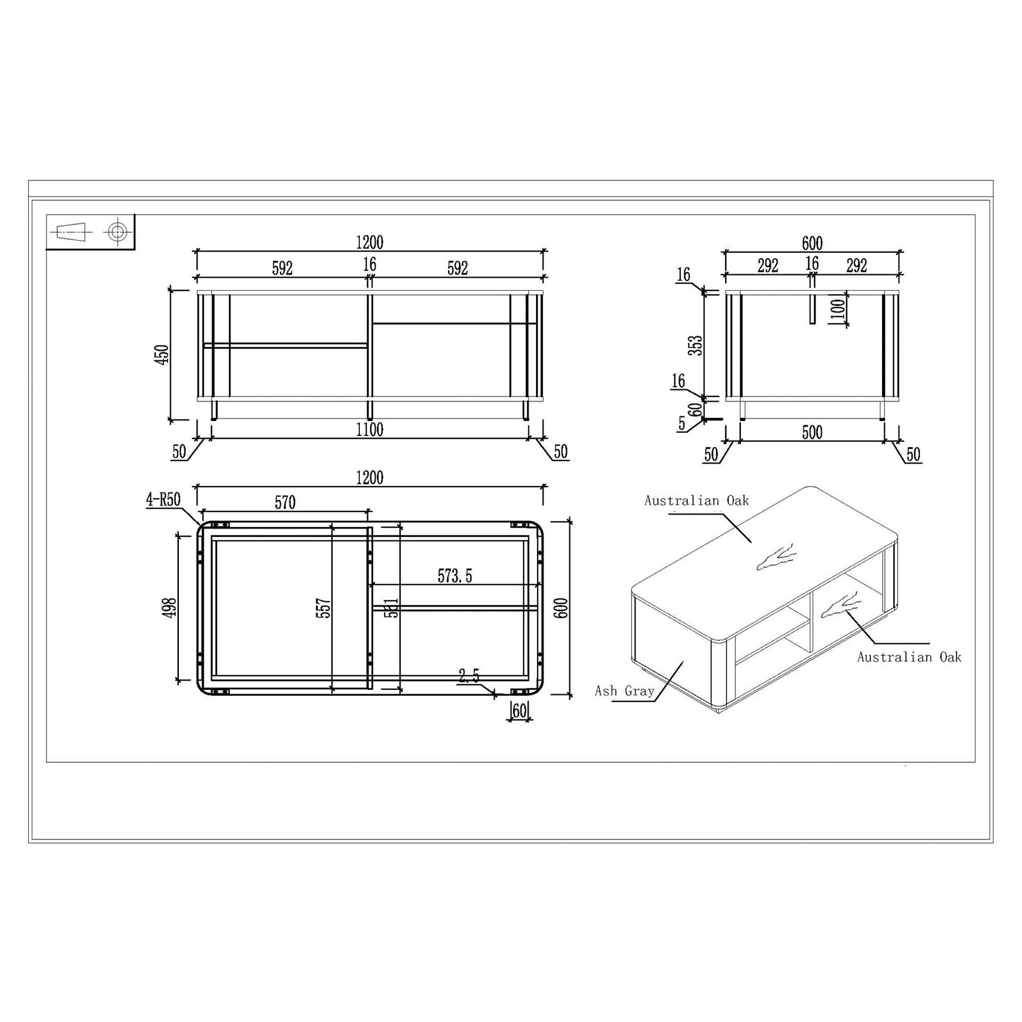 RFG Ниска маса Elmaz, 1200 х 600 х 450 mm, дъб и сиво