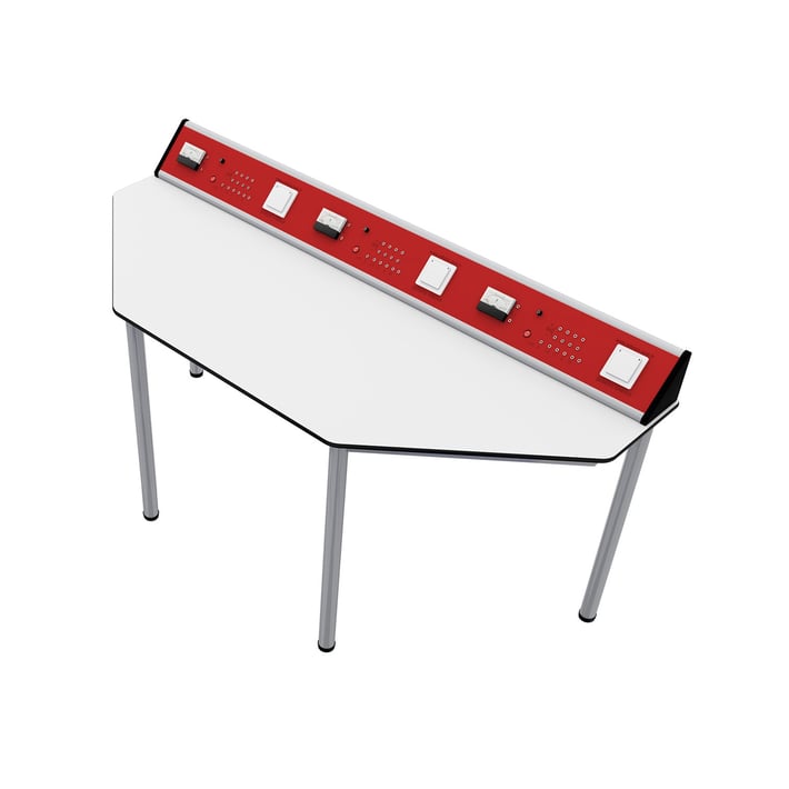 Лабораторна маса по физика RFG Quin, над VII клас, 170 х 70 х 75 cm, HPL плот, метални крака, червено-бяла, сглобена мостра