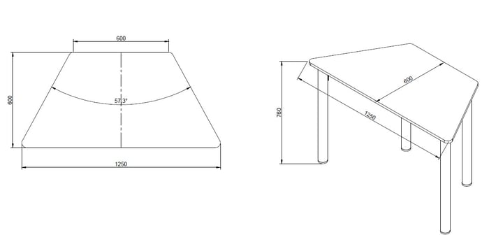 RFG Ученическа маса Trapez, над VIII клас, 1250 х 600 х 750 mm, бял плот, сив метал