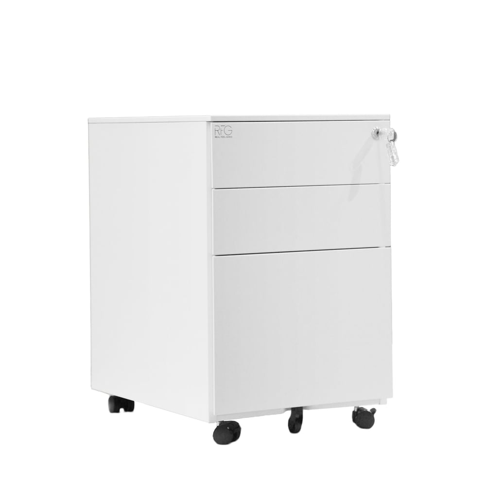 Контейнер RFG, метален, с три чекмеджета и ключ, 390 х 520 х 600 mm, бял