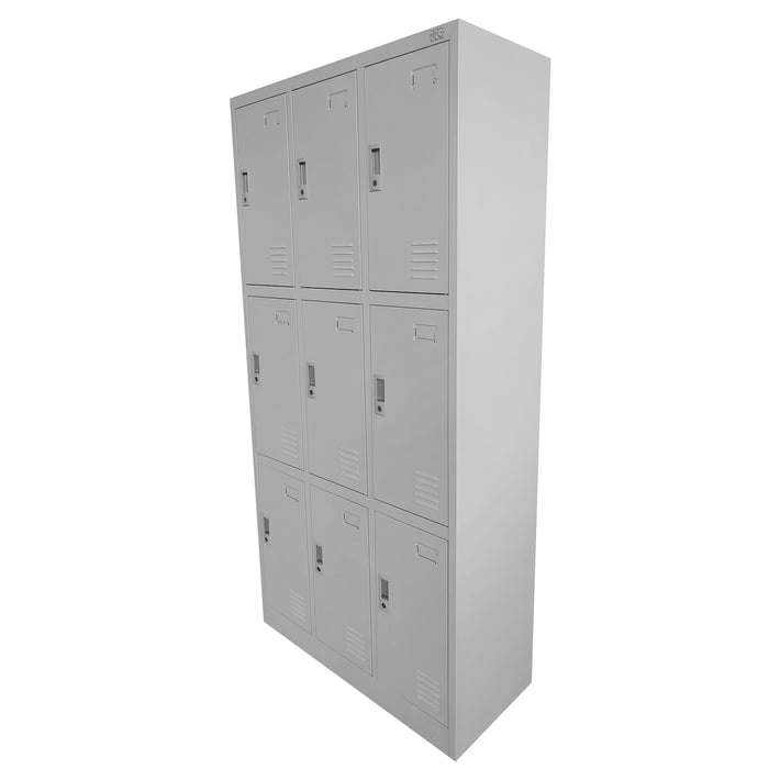 Гардероб RFG, метален, троен, с девет клетки, 90 x 45 x 185 cm, сив корпус, врати със сив цвят