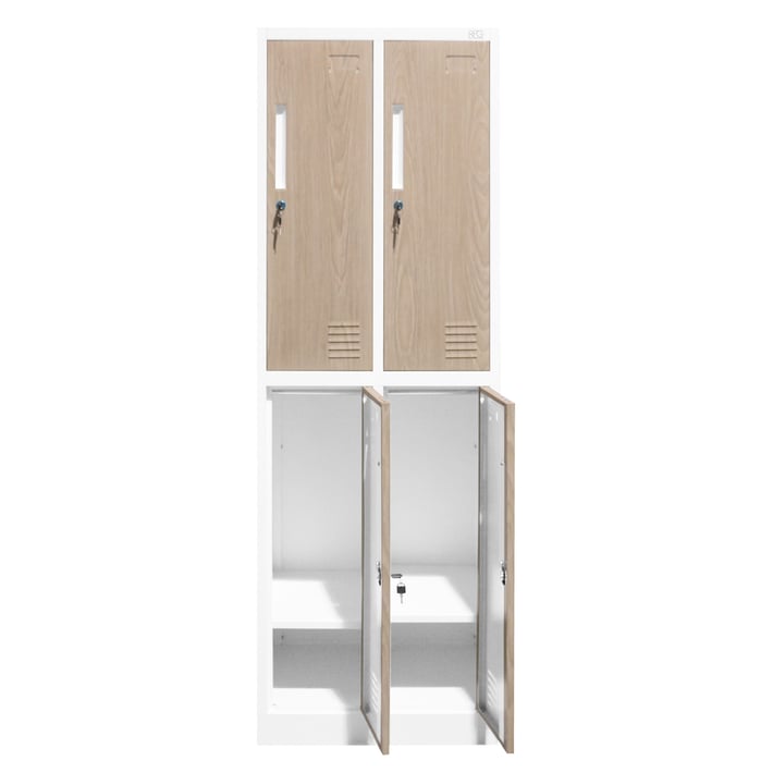 Гардероб RFG, двоен, метален, 900 х 450 х 1850 mm, кехлибарен дъб и бяло