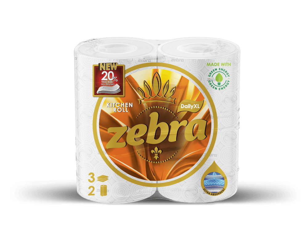 Кухненска ролка Zebra Daily XL, трипластова, 100% целулозна, 2 броя