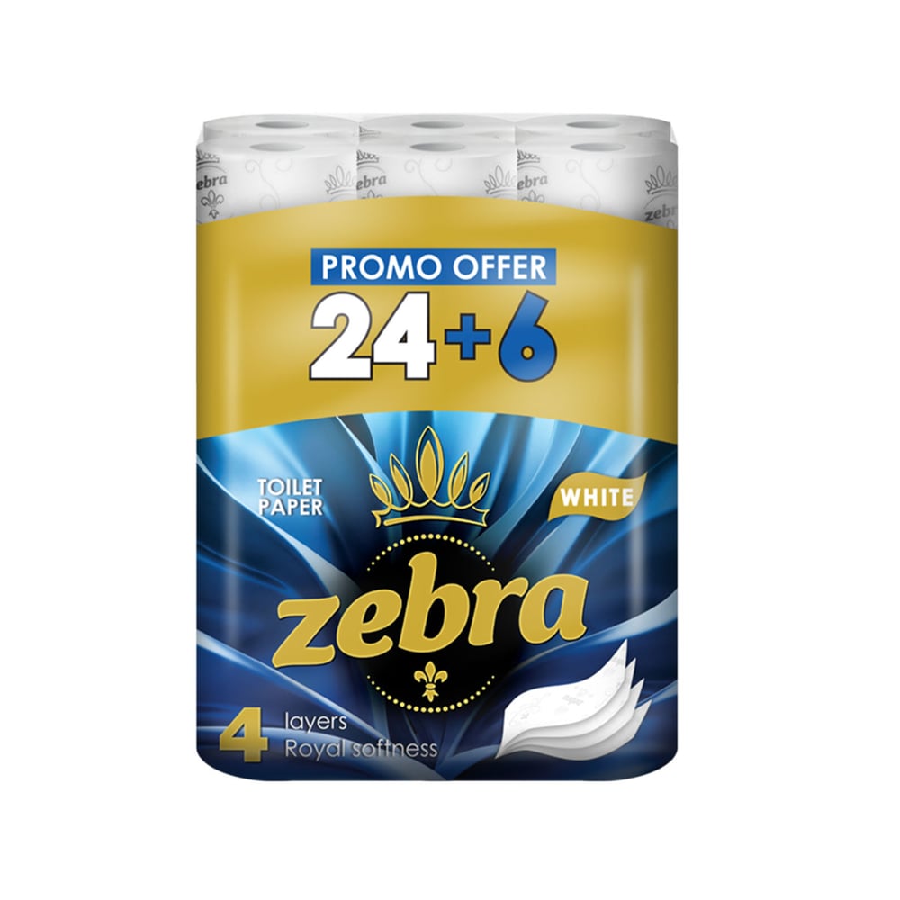 Тоалетна хартия Zebra White, четирипластова, 130 къса, 24+6 броя