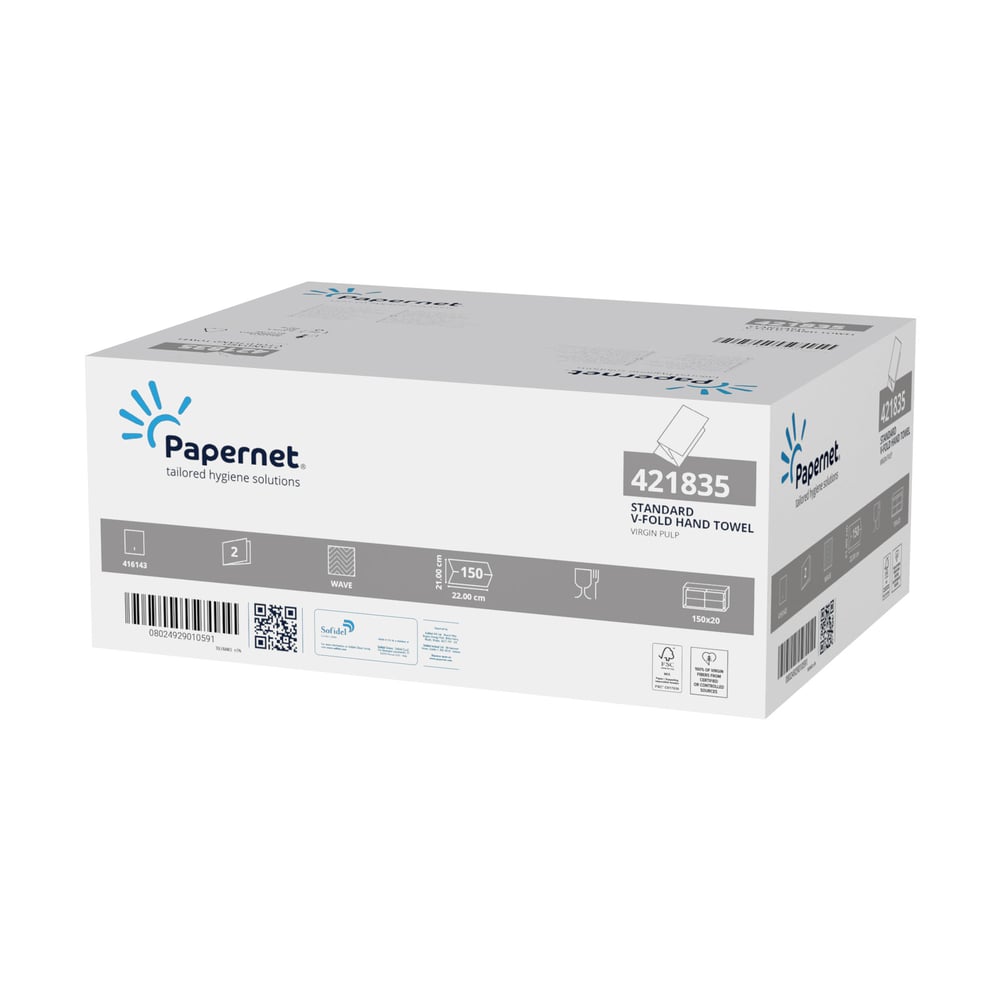 Кърпи за ръце Papernet Standard, V-сгъвка, двупластови, 22 x 21 cm, 150 къса, 20 броя
