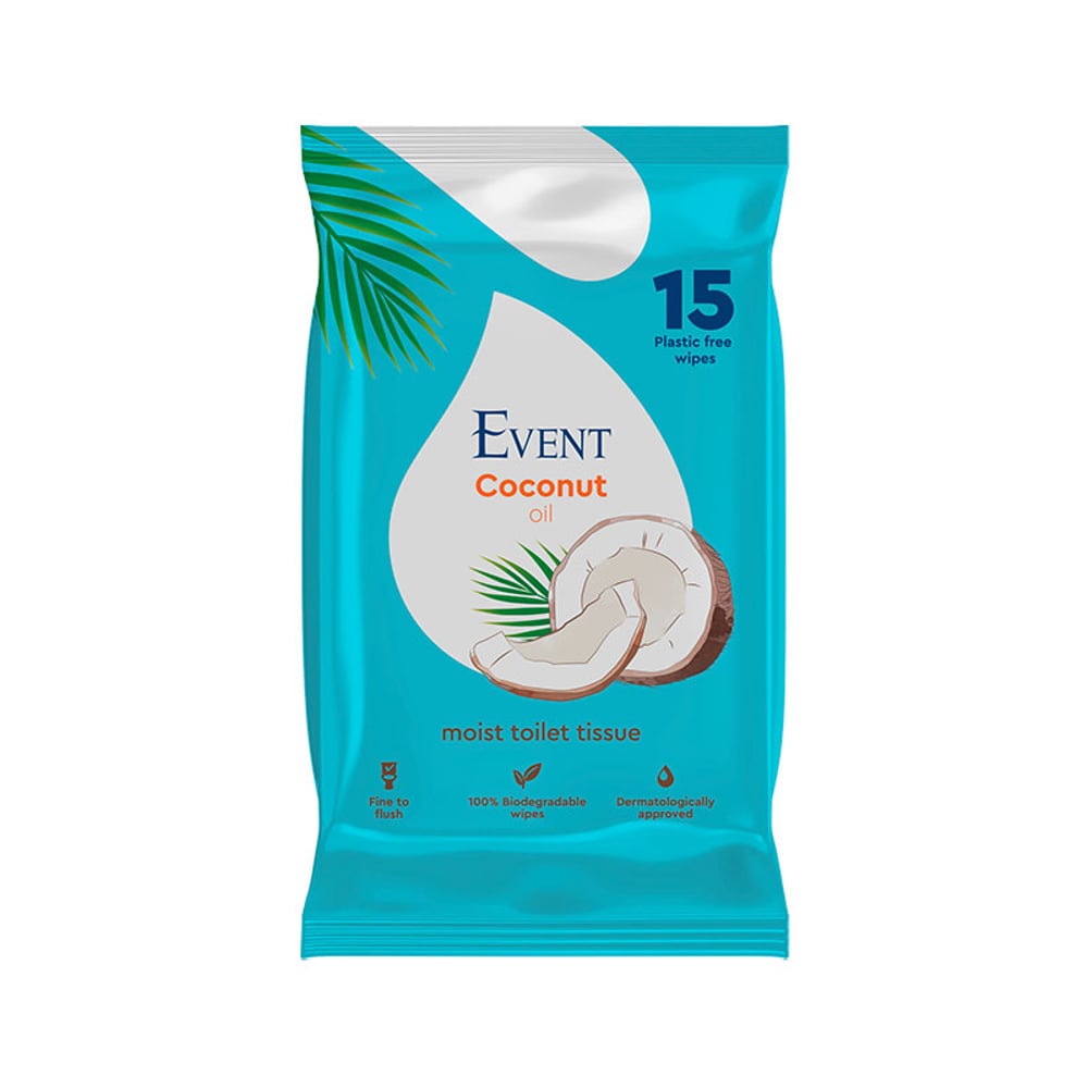Тоалетна хартия Event, влажна, с масло от кокос, 15 къса