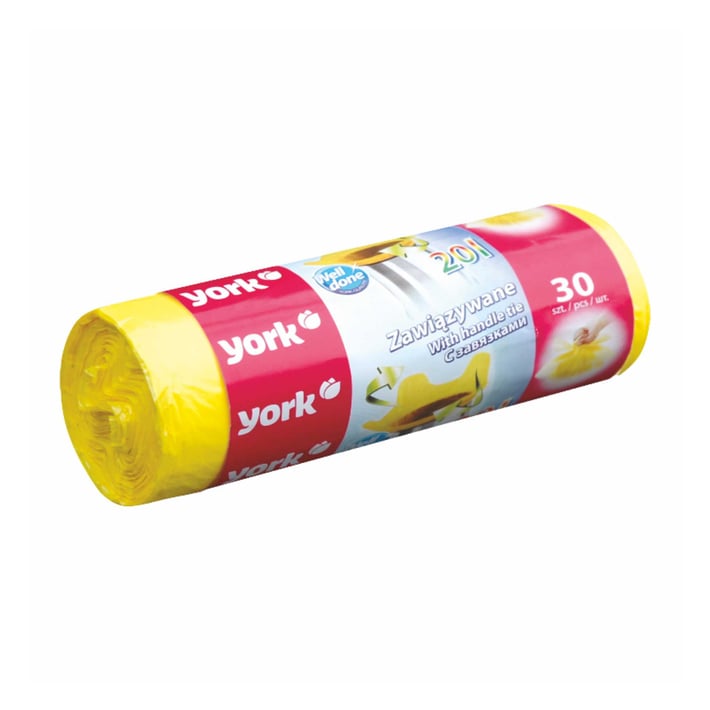 York Торби за смет, с връзка, жълти, 20 L, 30 броя