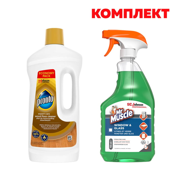 Pronto Препарат за почистване на под и дървени настилки Wood, 1 L, в комплект с Mr.Muscle Препарат за стъкла и прозорци, 750 ml