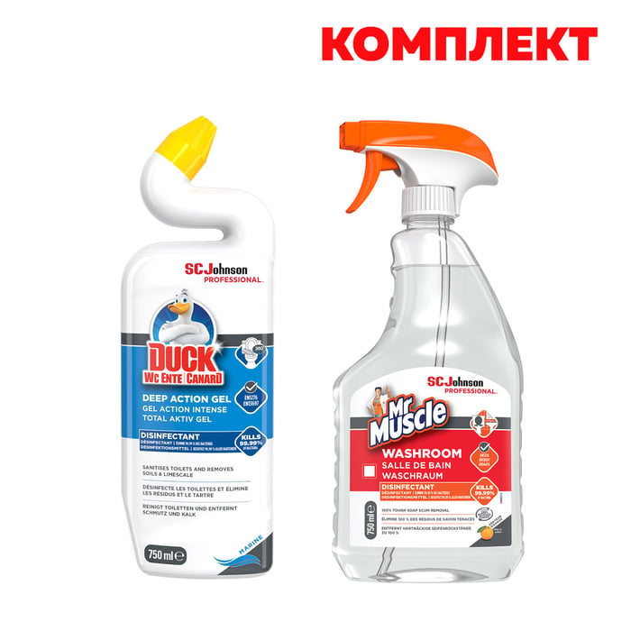 Duck Препарат за почистване на тоалетна Total Aktiv Gel Marine, 750 ml, в комплект с Mr.Muscle Препарат за почистване на баня, 750 ml