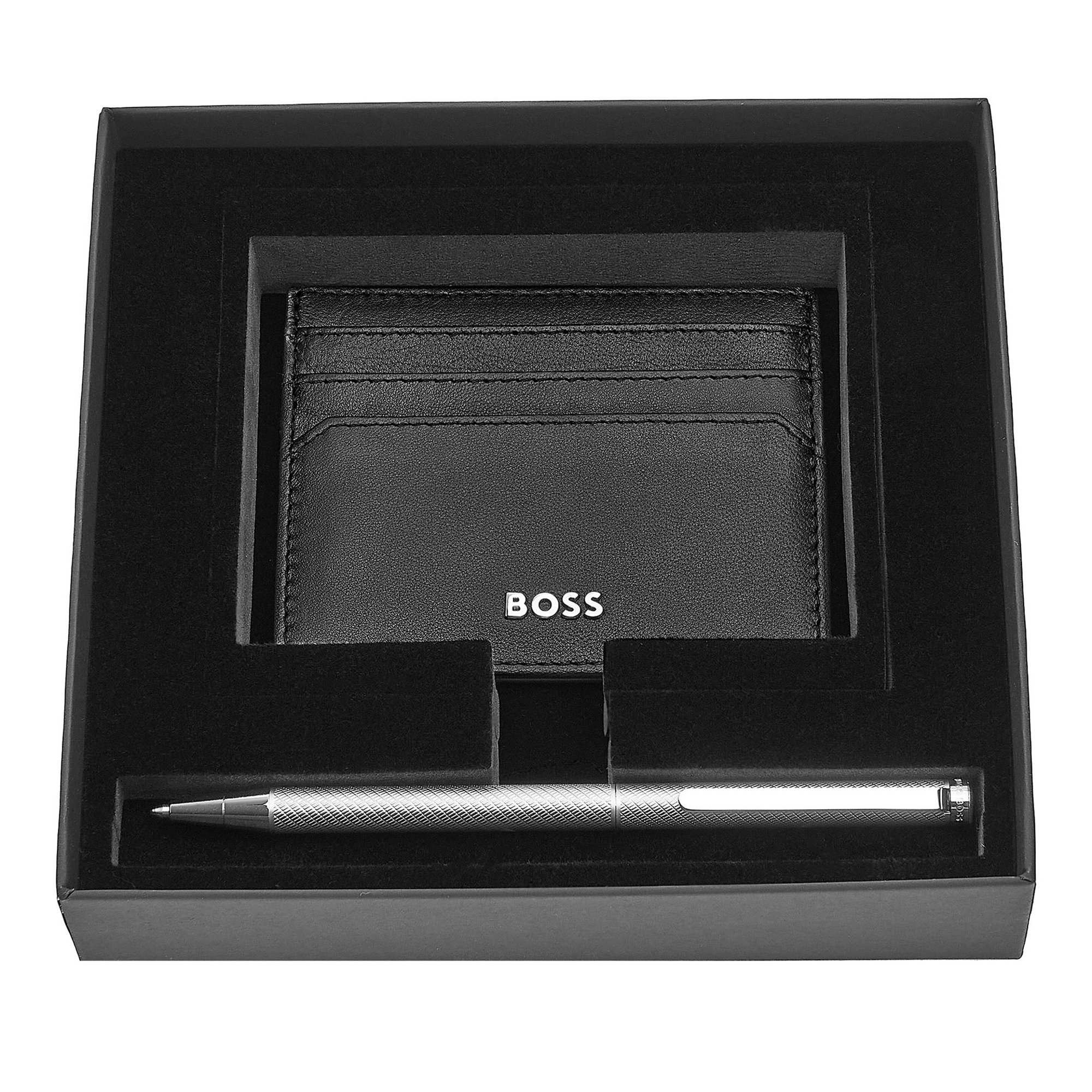 Hugo Boss Комплект калъф за карти и химикалка Classic Smooth, черни