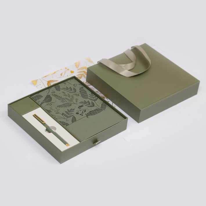 Floral Olive Green Комплект тефтер и химикалка, в кутия, зелени