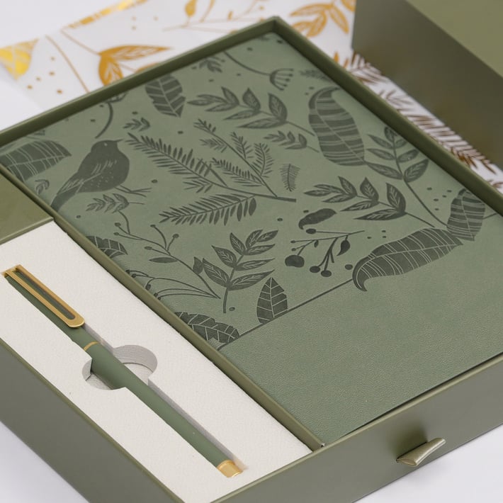 Floral Olive Green Комплект тефтер и химикалка, в кутия, зелени