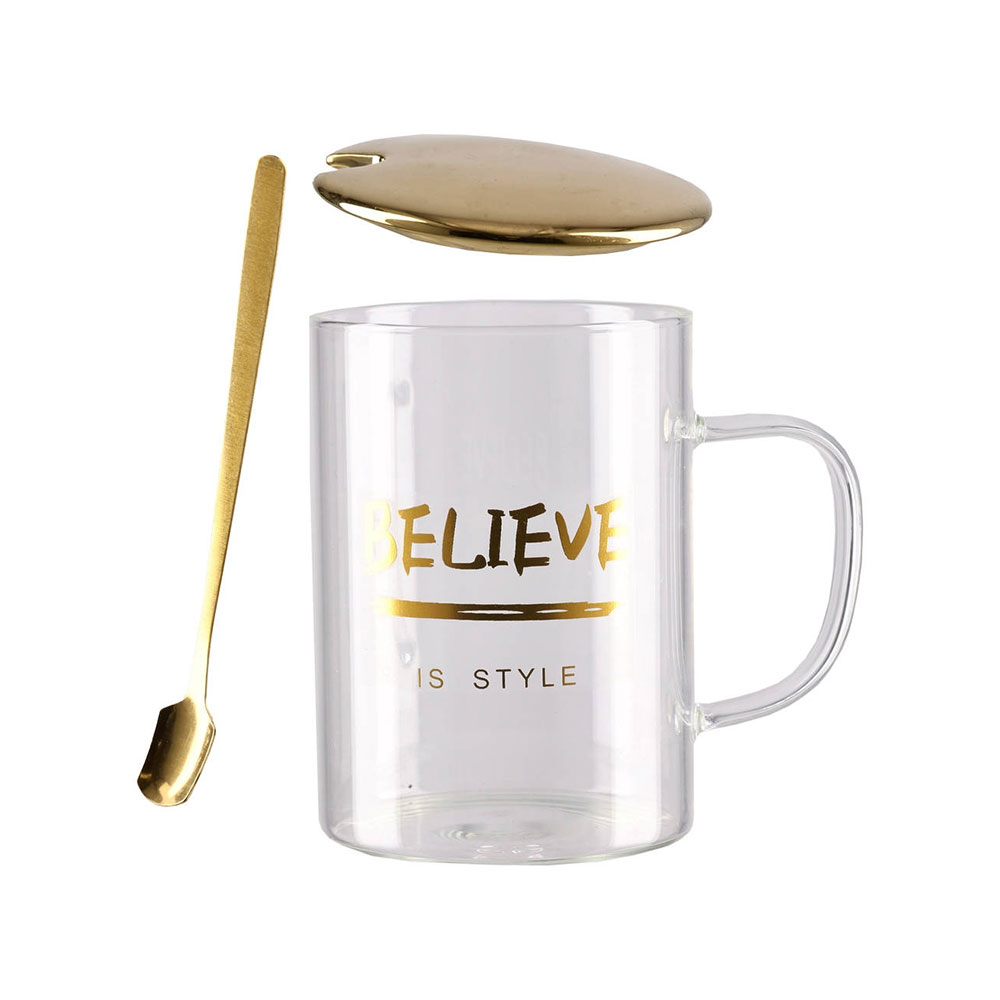 Чаша Takk Moka, Love, стъклена, с капак и лъжица, златиста