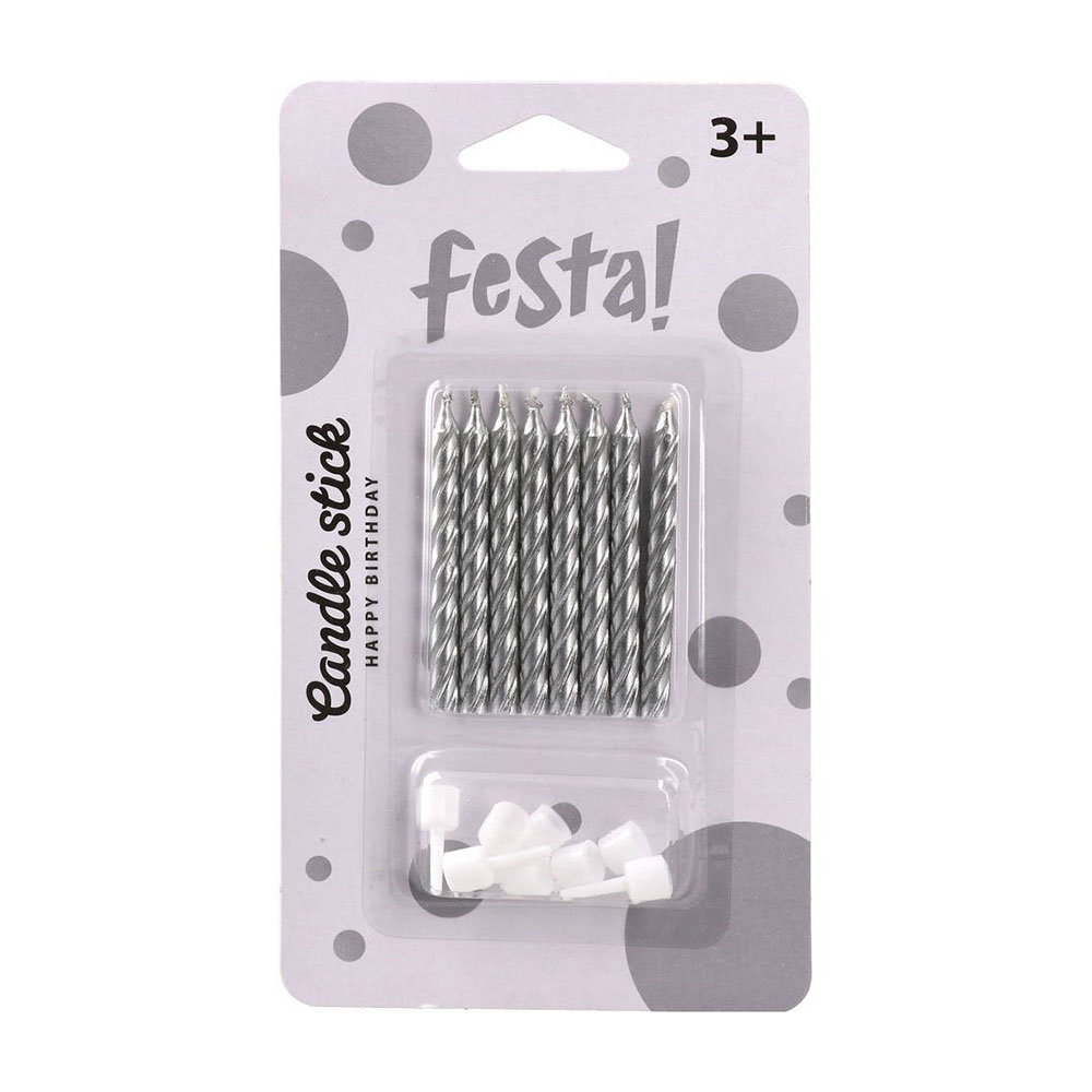 Свещи за торта Festa, класически, сребристи, 8 броя