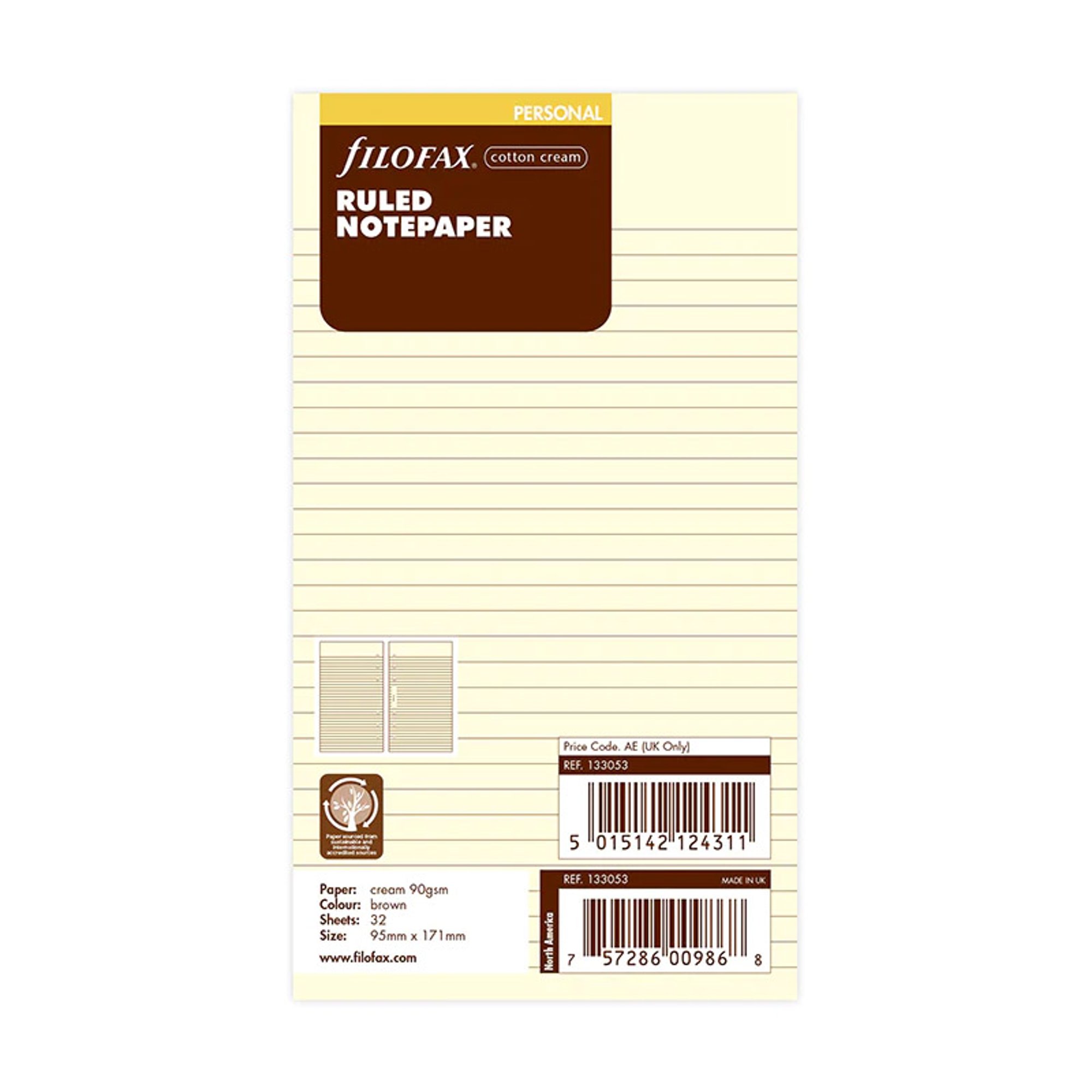 Filofax Пълнител за органайзер Cotton Cream Personal, на редове