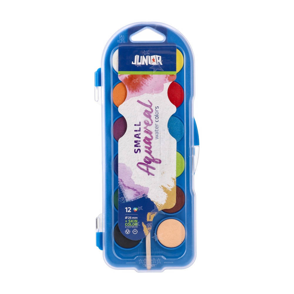 Акварелни бои Junior Aqua Real, с четка, малки, 12 цвята