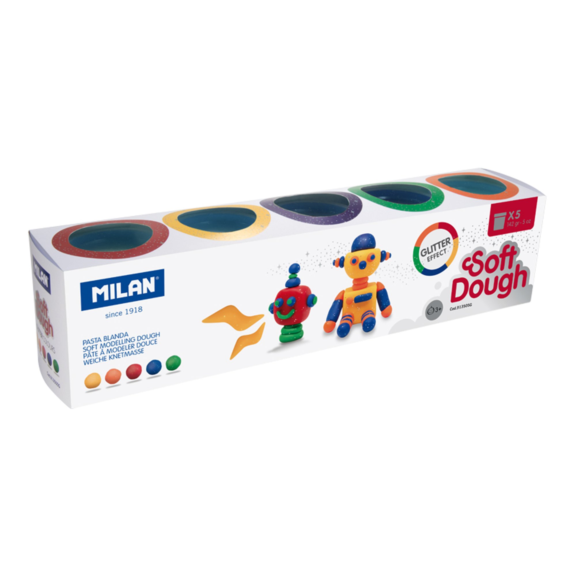 Milan Тесто за моделиране Soft Dough Glitter, 142 g, 5 цвята