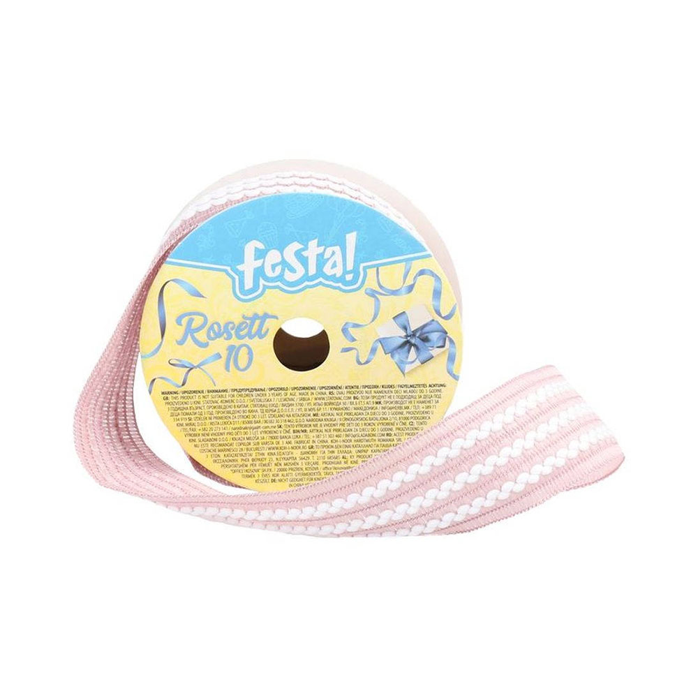 Лента панделка Festa, 25 mm, 3 m, розова с бели вълни