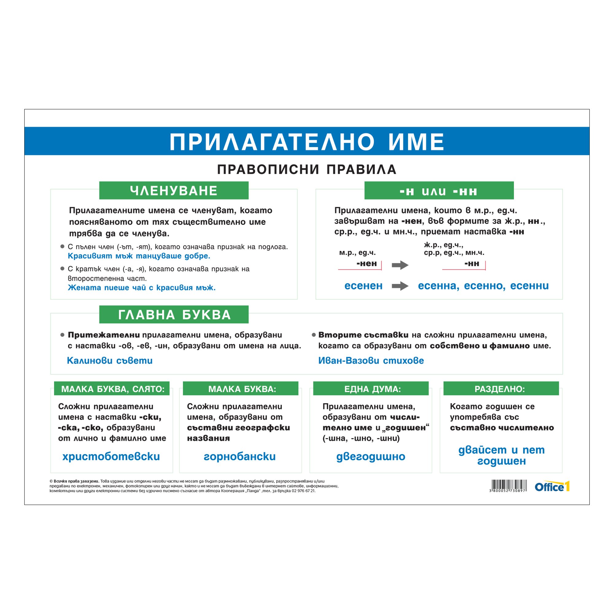 Office 1 Ученическо табло ''Прилагателно име/Правописни правила'', 100 x 70 cm