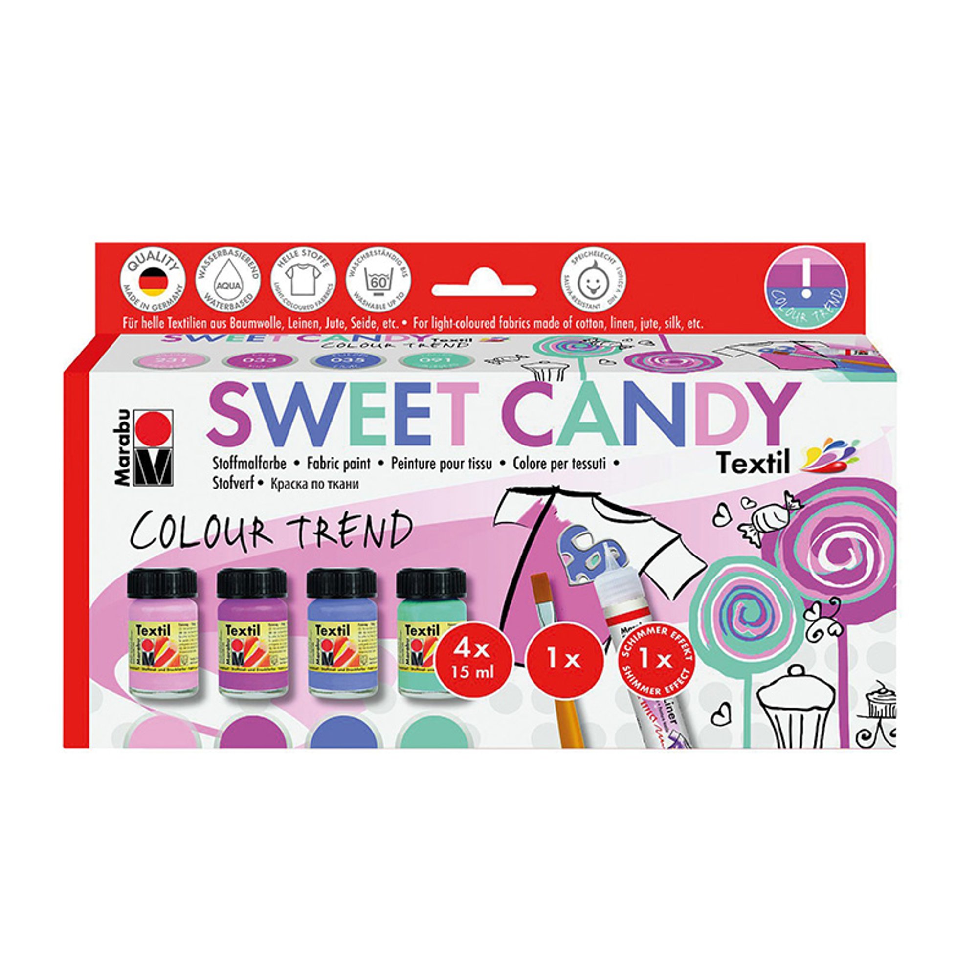 Marabu Бои за текстил Textil Sweet Candy, 15 ml, 4 броя