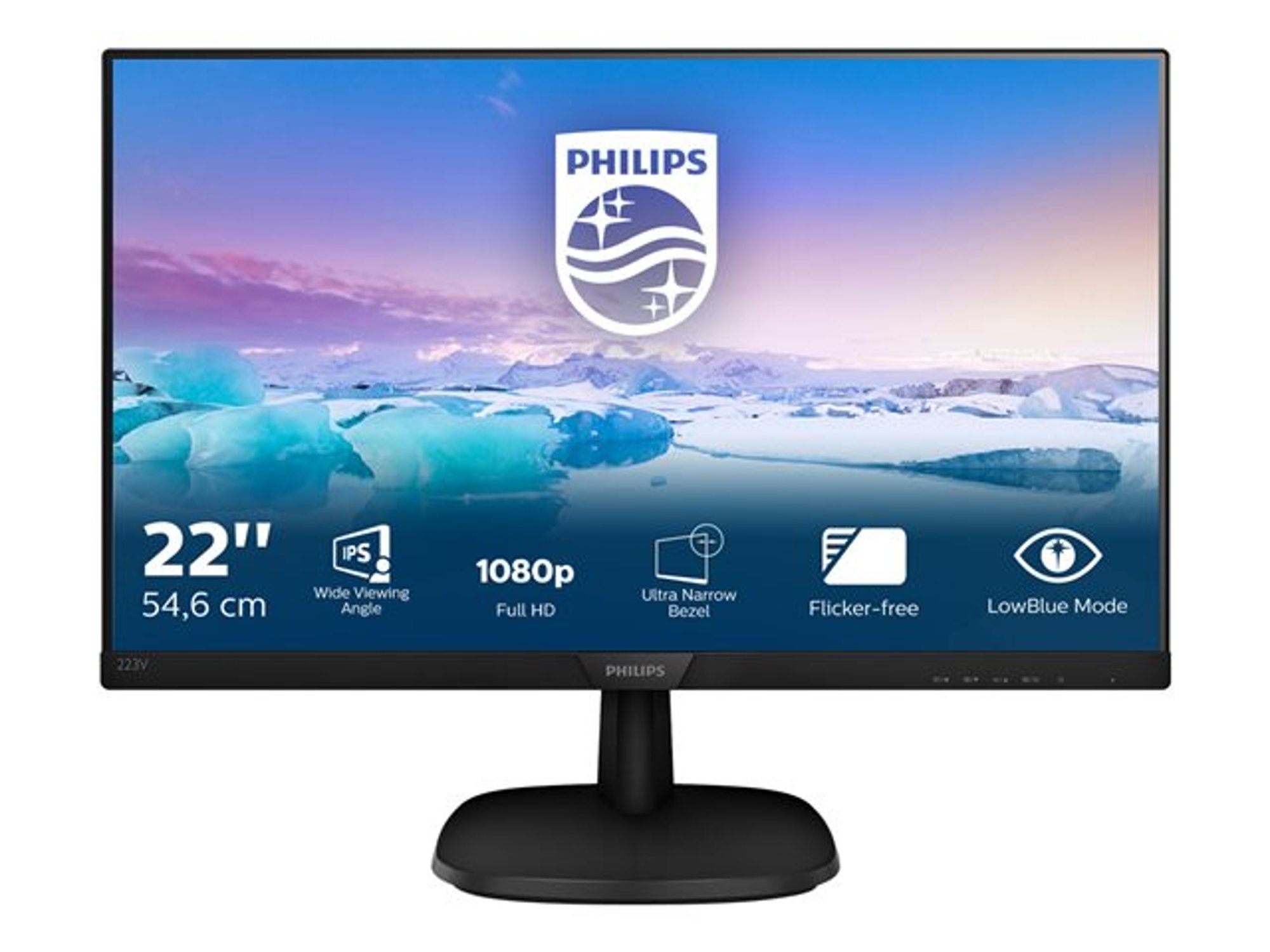 Philips Монитор, 22'', LED, 1920 x 1080, 250 cd/m2, 5 ms, HDMI, VGA, черен