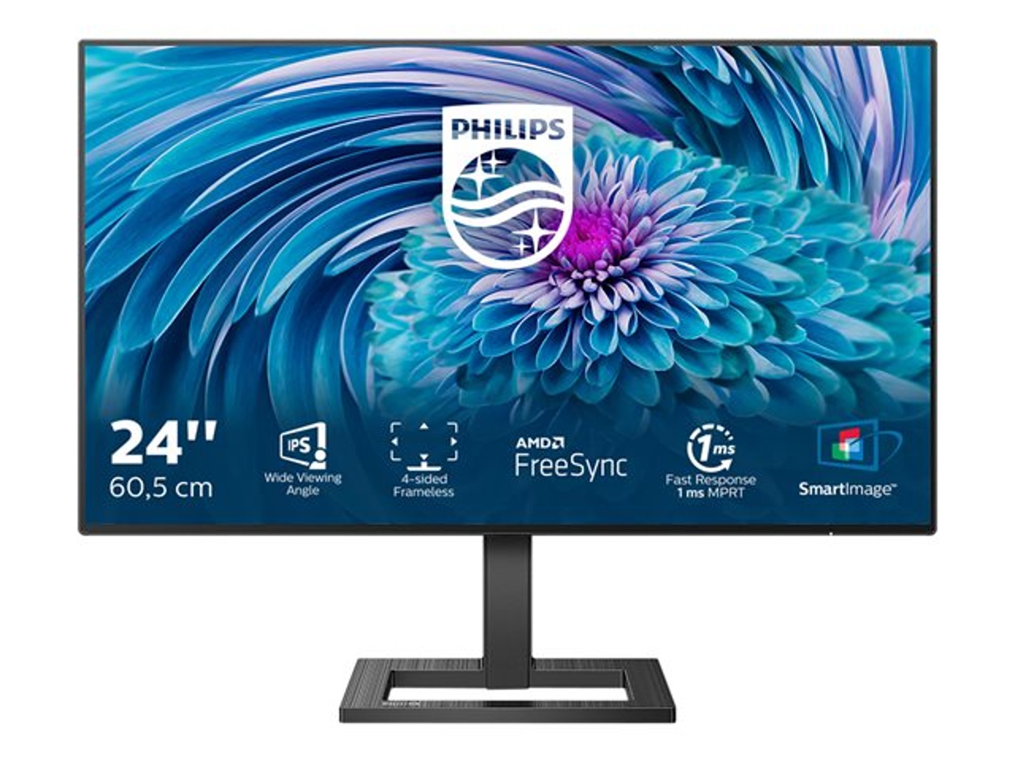 Philips Монитор, 24'', LED, 1920 x 1080, 300 cd/m2, 4 ms, HDMI, VGA, черен