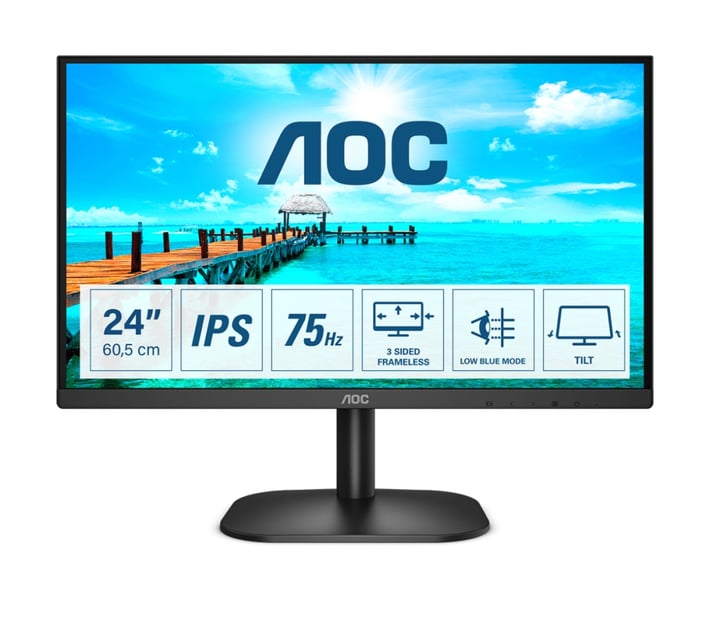 AOC Монитор 24B2XDA, 23.8'', LED, 1920 x 1080, 250 cd/m2, 4 ms, HDMI, VGA, черен